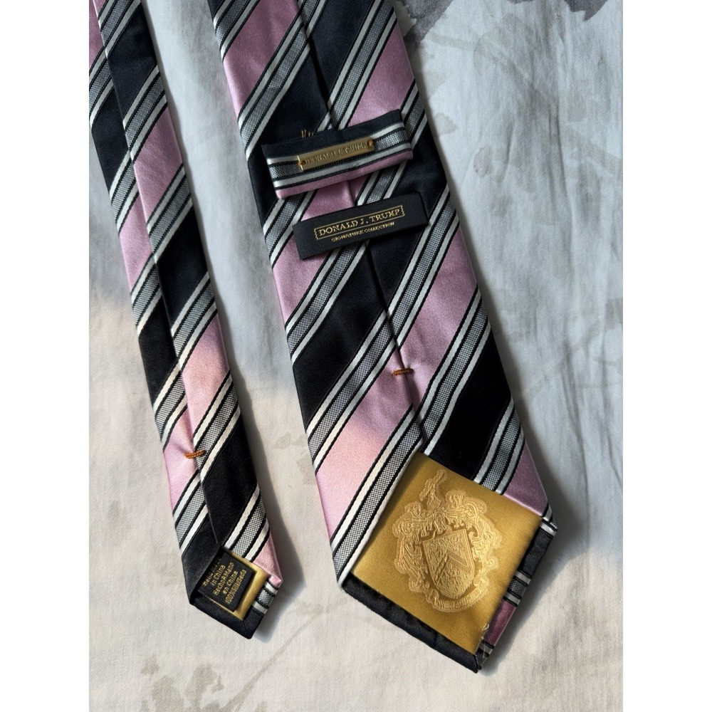 Donald J. Trump	Satin Pink Black Regimental Woven Stripes 100% Silk Tie Repp